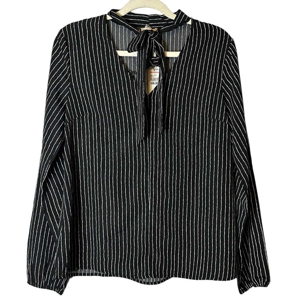 Hem & Thread Pinstripe Tie Neck Blouse Small Parisian Academia Office Twee NWT